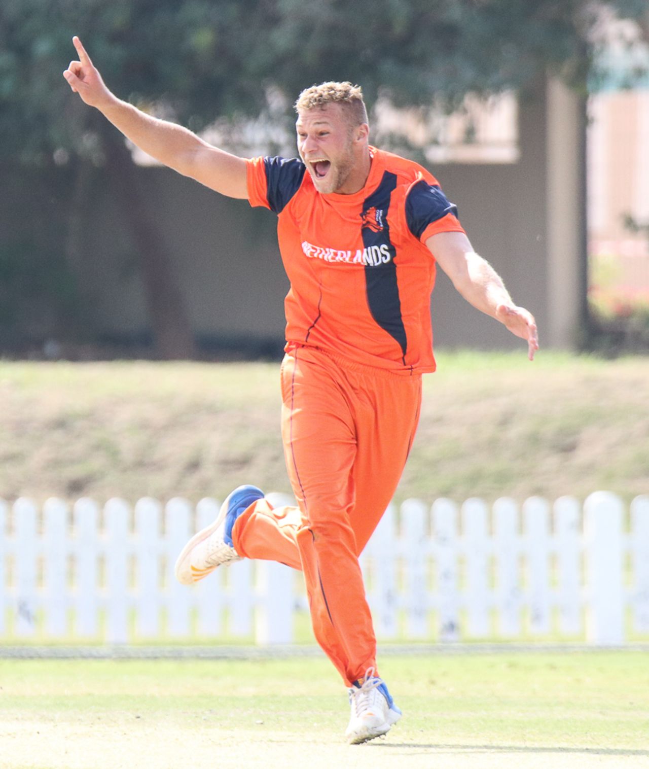 Vivian Kingma belts out a successful lbw appeal to complete a hat-trick, Namibia v Netherlands, 2015-17 WCL Championship, Dubai, December 8, 2017