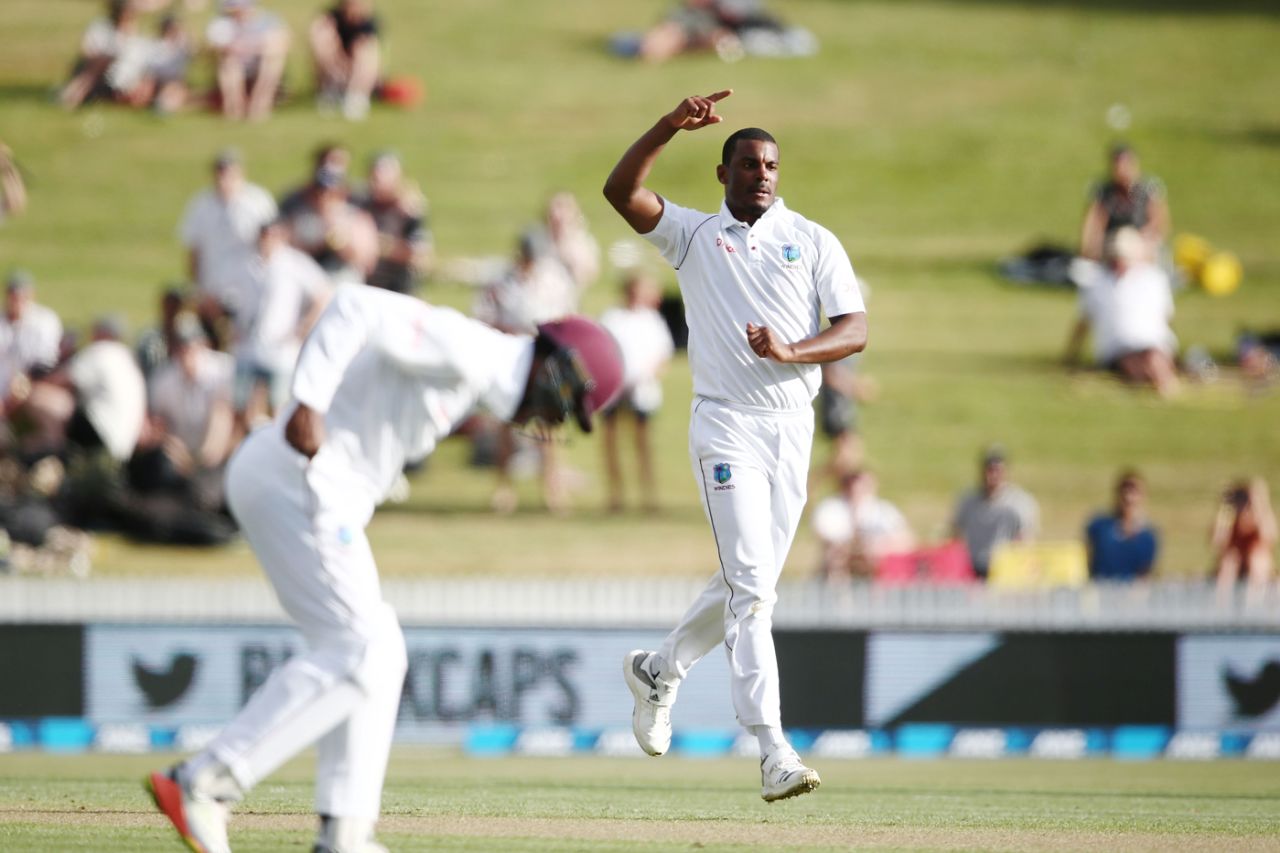 Shannon Gabriel celebrates the wicket of Colin de Grandhomme, New Zealand v West Indies, 2nd Test, 1st day, Hamilton, December 9, 2017