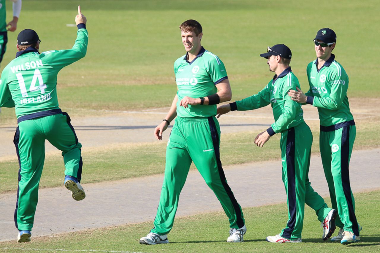 Gary Wilson imitates Boyd Rankin's leaping celebration after the fast bowled takes a wicket, Afghanistan v Ireland, 3rd ODI, Sharjah, December 10, 2017