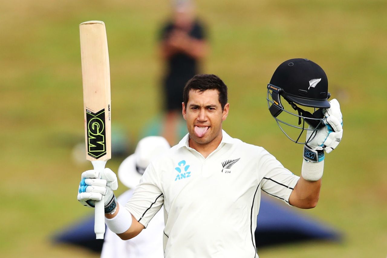 Ross Taylor acknowledges the cheer for his 17th Test century, New Zealand v West Indies, 2nd Test, Hamilton, 3rd day, December 11, 2017