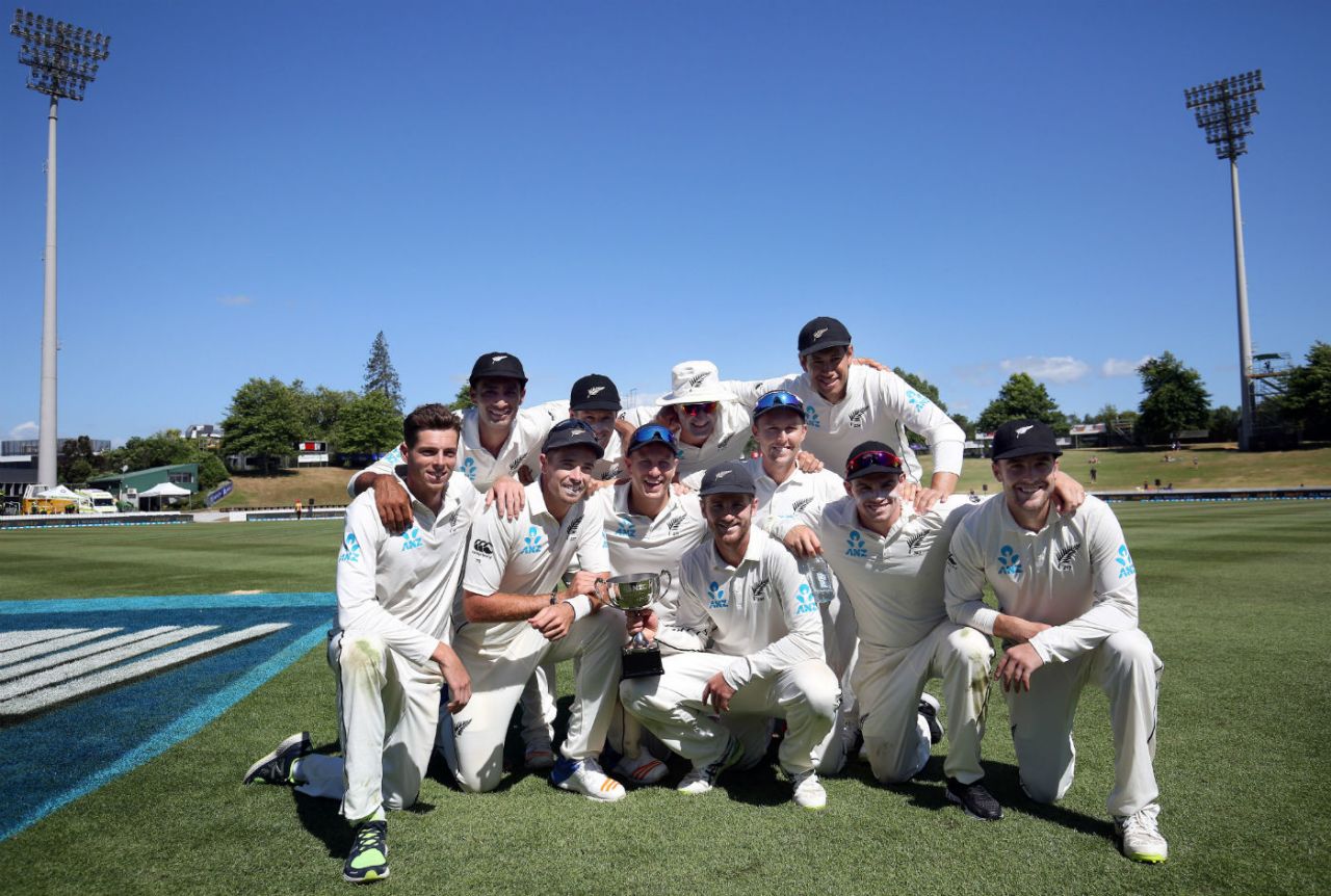 Members of the New Zealand side pose with the trophy after the 2-0 sweep, New Zealand v West Indies, 2nd Test, Hamilton, 4th day, December 12, 2017