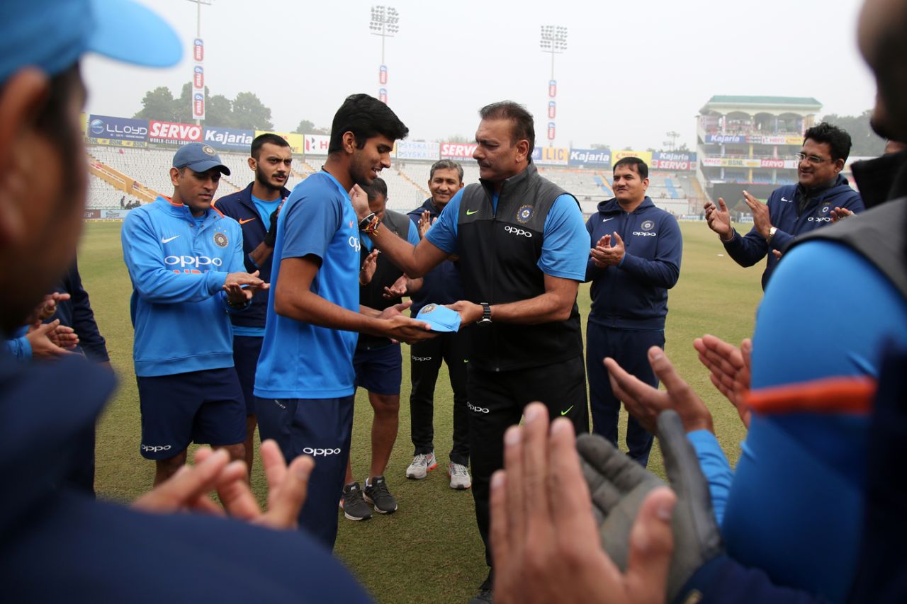 From one spin-bowling allrounder to another: Ravi Shastri hands Washington Sundar his ODI cap, India v Sri Lanka, 2nd ODI, Mohali, December 13, 2017