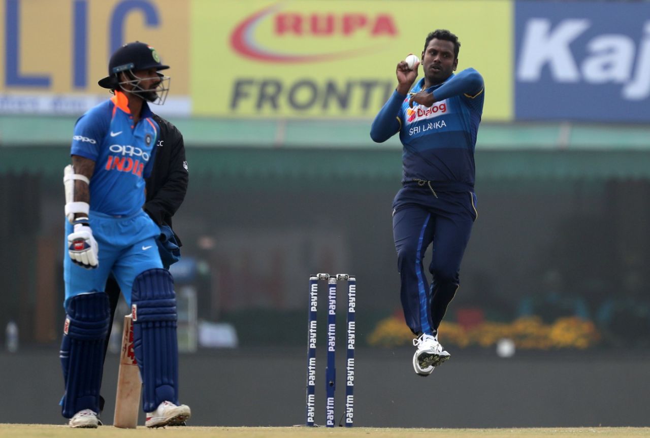 Angelo Mathews in his delivery stride, India v Sri Lanka, 2nd ODI, Mohali, December 13, 2017