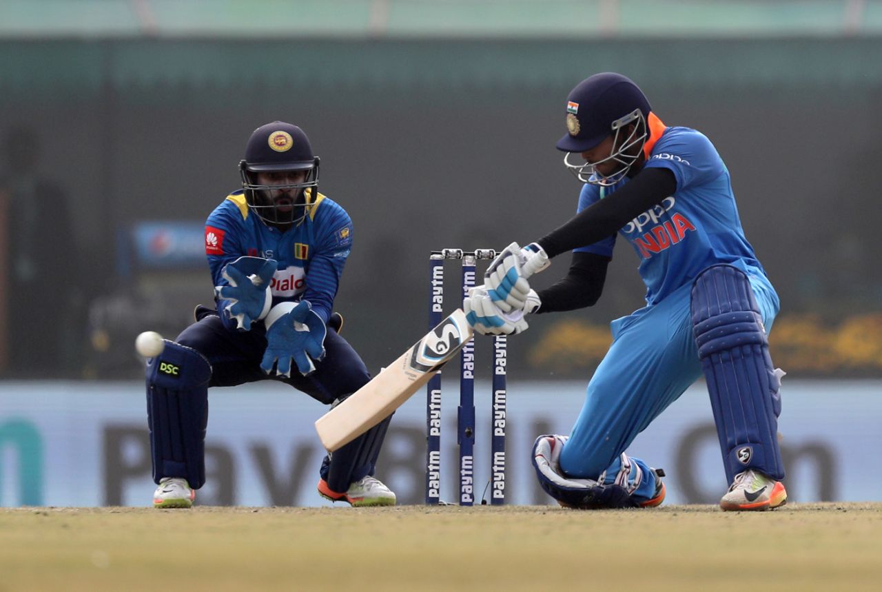 Shreyas Iyer collapses his back knee to square-cut a reasonably full ball, India v Sri Lanka, 2nd ODI, Mohali, December 13, 2017