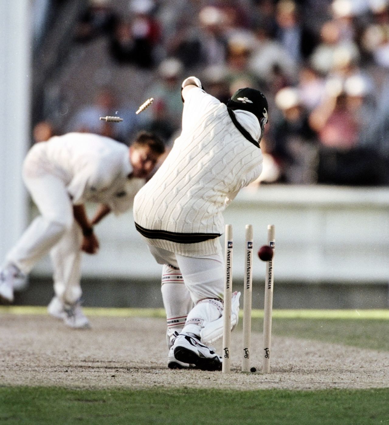 Stuart MacGill is bowled by Darren Gough, Australia v England, 4th Test, Melbourne, 4th day, December 29, 1998
