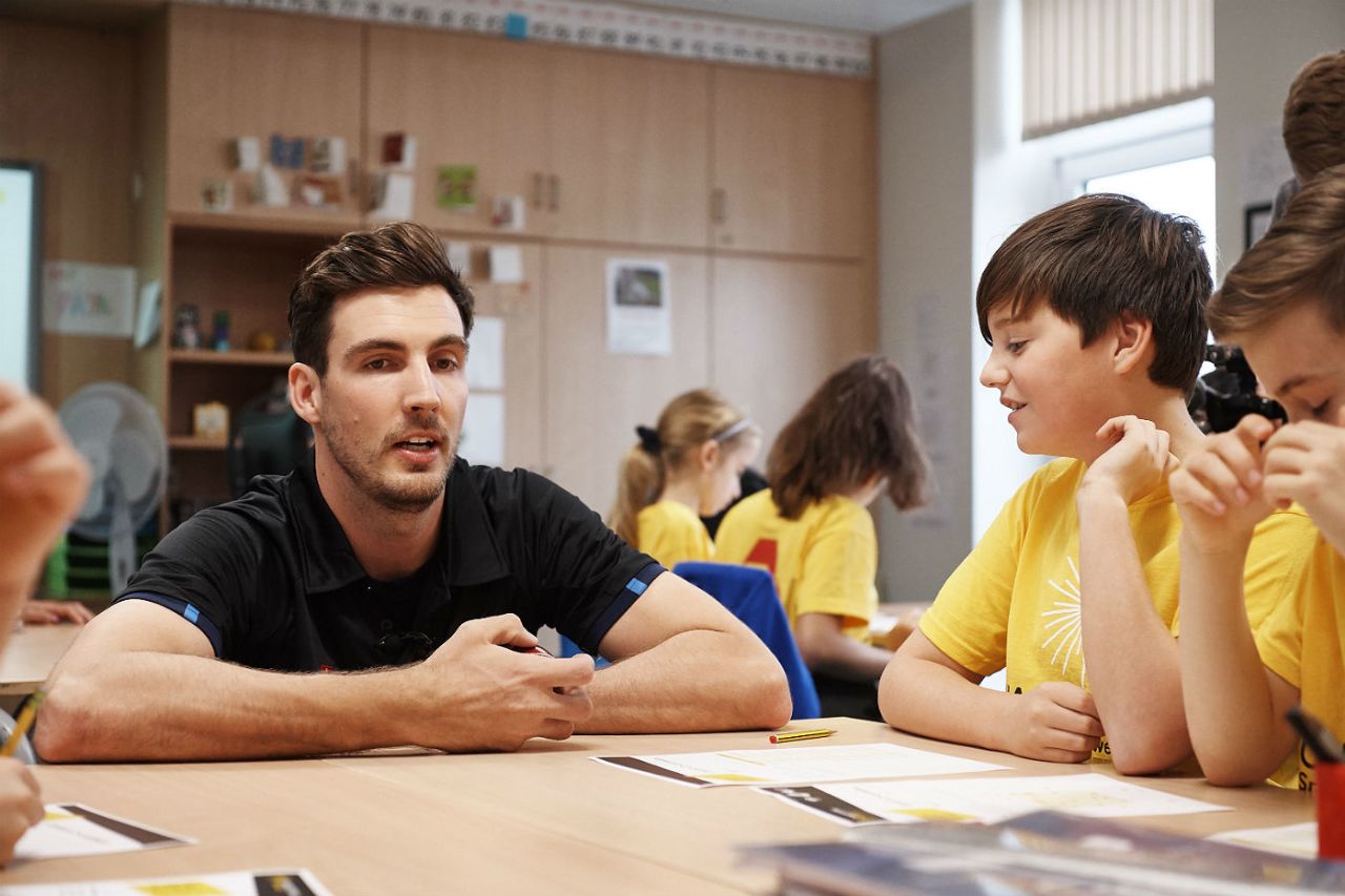 Steven Finn on a Chance to Shine visit to his former junior school in Watford, December 12, 2017