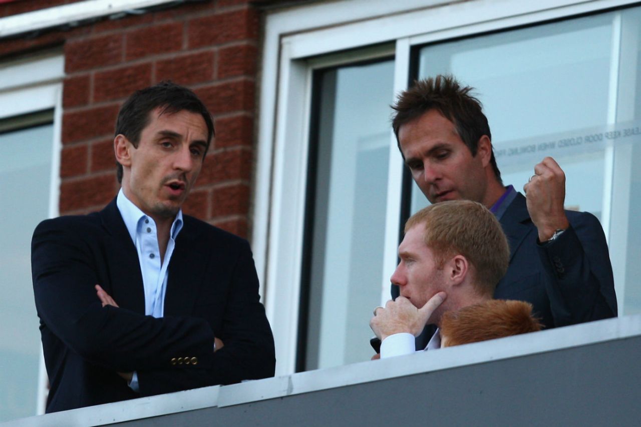 Gary Neville with Paul Scholes and Michael Vaughan at cricket's Old Trafford