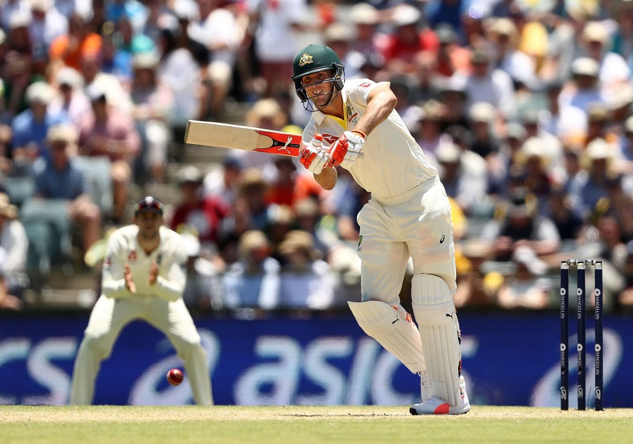 Mitchell Marsh taps the ball down the ground, Australia v England, 3rd Test, Perth, 3rd day, December 16, 2017