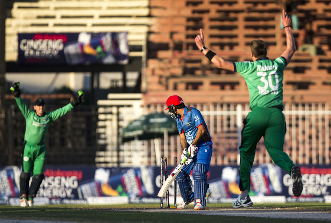 Asghar Stanikzai is bowled by Boyd Rankin, Afghanistan v Ireland, 3rd ODI, Sharjah, December 10, 2017