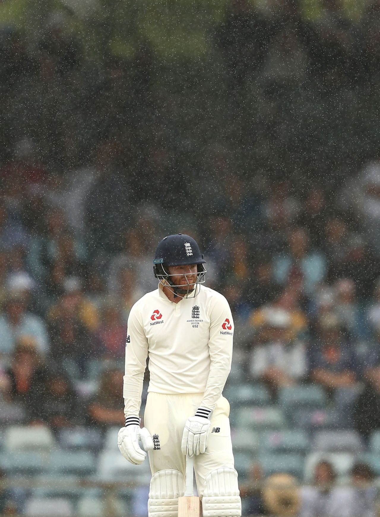 Jonny Bairstow prepares to face as the rain comes down, Australia v England, 3rd Test, Perth, 4th day, December 17, 2017