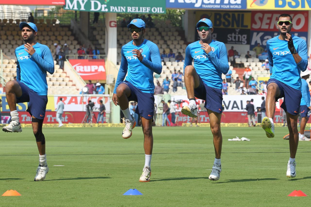 The Indian players go through a warm-up routine ahead of the start of play, India v Sri Lanka, 3rd ODI, Visakhapatnam, December 17, 2017