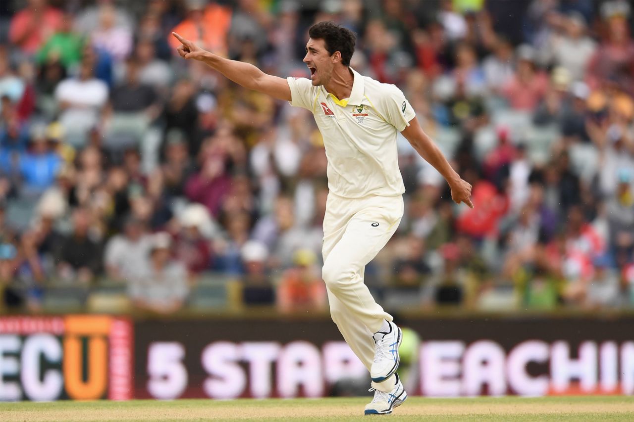 Mitchell Starc celebrates the wicket of James Vince, Australia v England, 3rd Test, Perth, 4th day, December 17, 2017