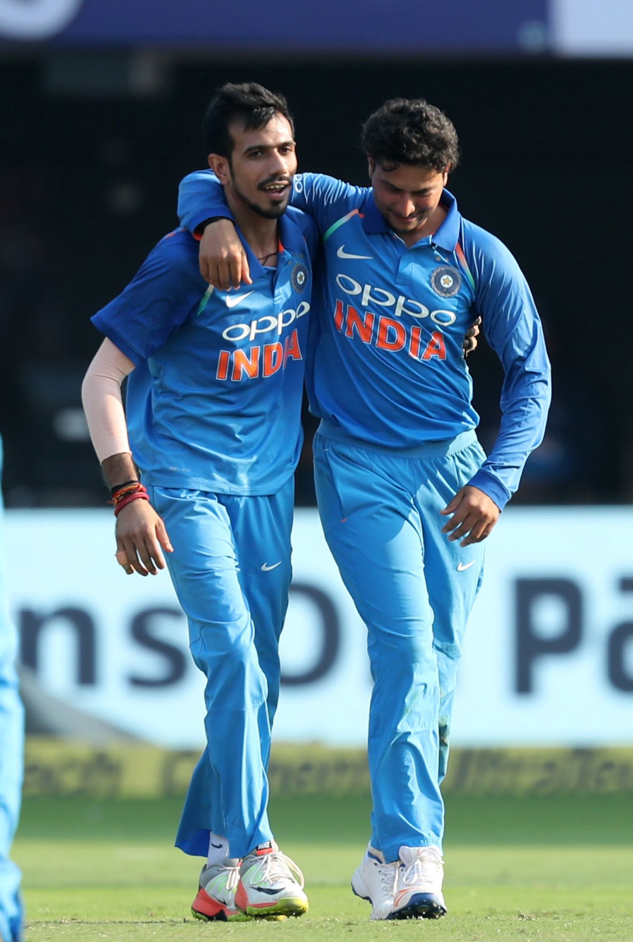 Kuldeep Yadav and Yuzvendra Chahal share a light moment on the field, India v Sri Lanka, 3rd ODI, Visakhapatnam, December 17, 2017