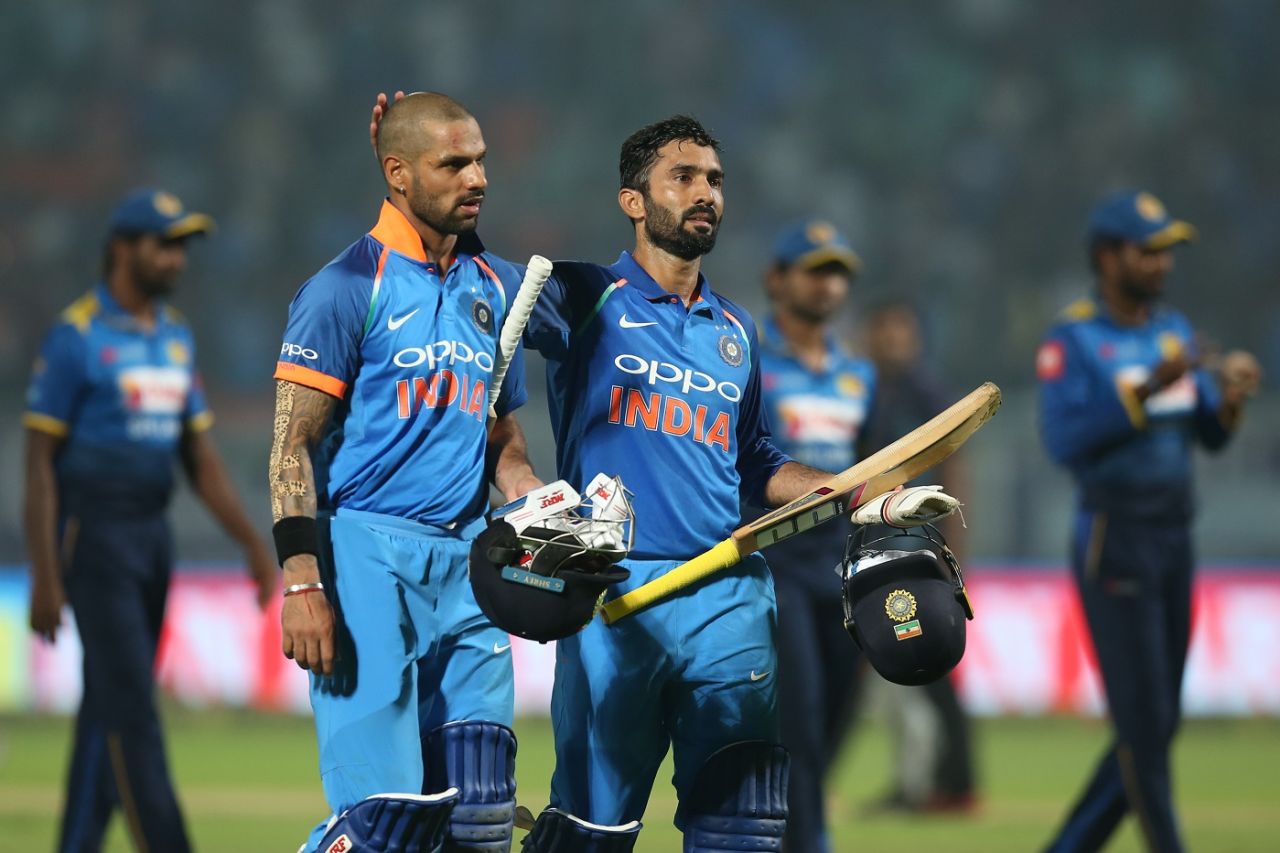 Dinesh Karthik and Shikhar Dhawan took India to an eight-wicket win, India v Sri Lanka, 3rd ODI, Visakhapatnam, December 17, 2017 
