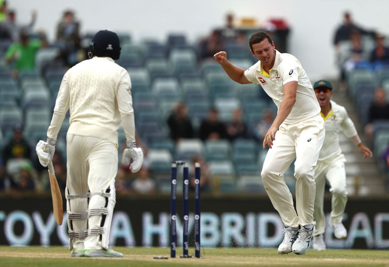 Josh Hazlewood rattled Jonny Bairstow's off stump with his first ball, Australia v England, 3rd Test, Perth, 5th day, December 18, 2017