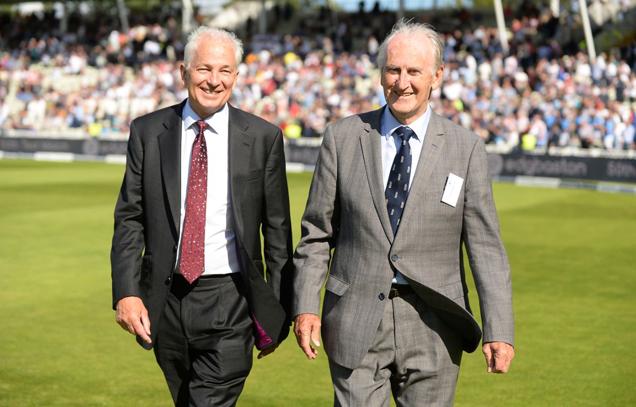 David Gower and Ted Dexter take a lap around the ground as part of the celebrations to mark Edgbaston's 50th Test, August 17, 2017