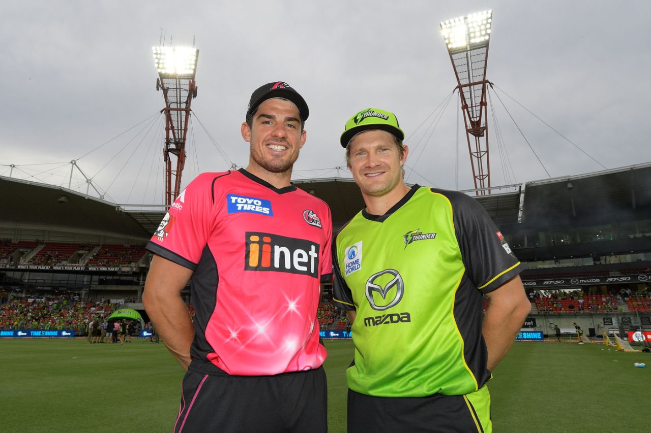Shane Watson and Moises Henriques were all smiles ahead of the start of the tournament opener, Sydney Thunder v Sydney Sixers, Big Bash League 2017-18, Sydney, December 19, 2017