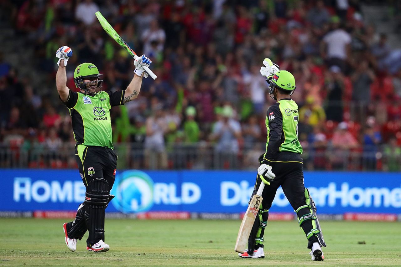 Aiden Blizzard and Arjun Nair celebrate victory, Sydney Thunder v Sydney Sixers, Big Bash League 2017-18, Sydney, December 19, 2017