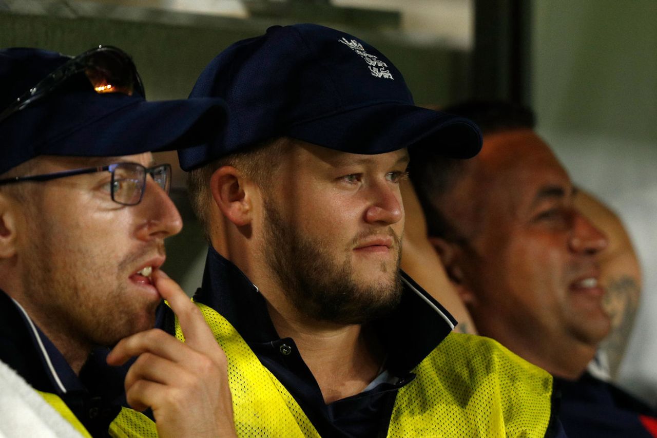 Ben Duckett (centre) watches from the bench during England Lions T20 match against Perth Scorchers, Perth Stadium, December 13, 2017