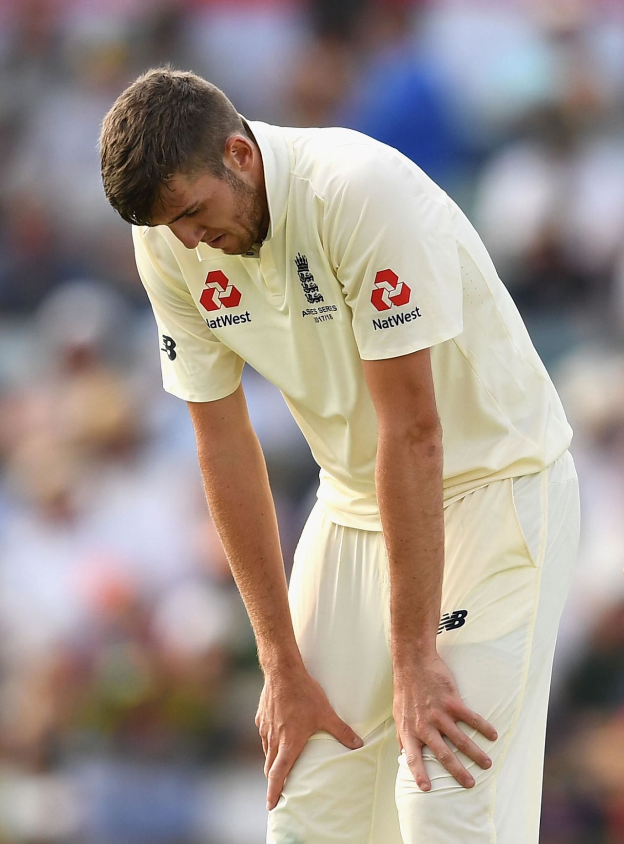 Craig Overton feels the pain of his cracked rib in the Perth Test, the WACA, December 15, 2017
