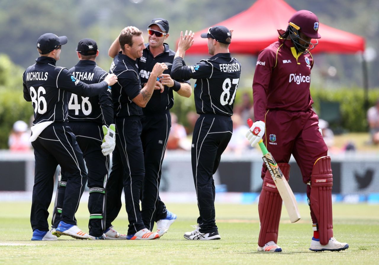 Doug Bracewell found Chris Gayle's outside edge off his first ball, New Zealand v West Indies, 1st ODI, Whangarei, December 20, 2017