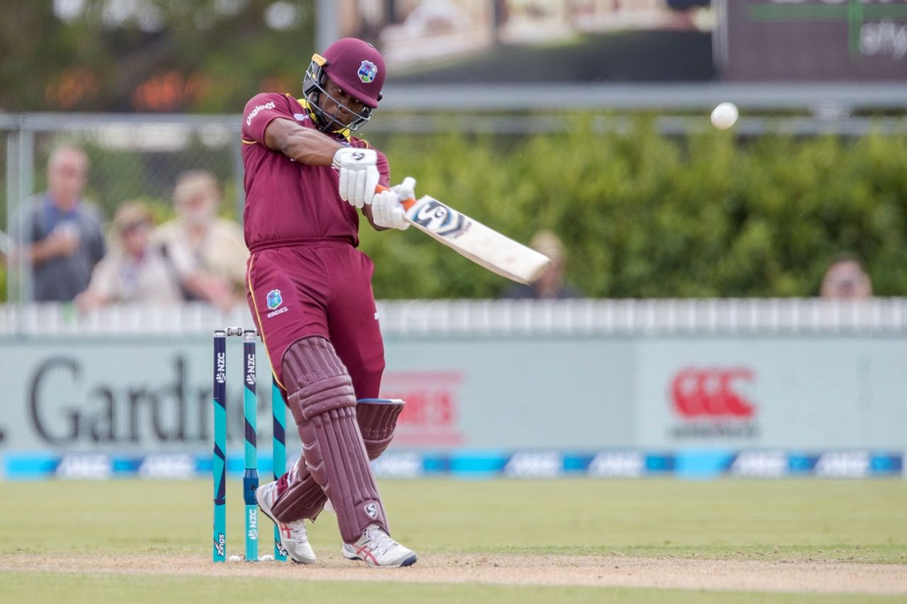 Evin Lewis slices the ball over mid off, New Zealand v West Indies, 1st ODI, Whangarei, December 20, 2017 