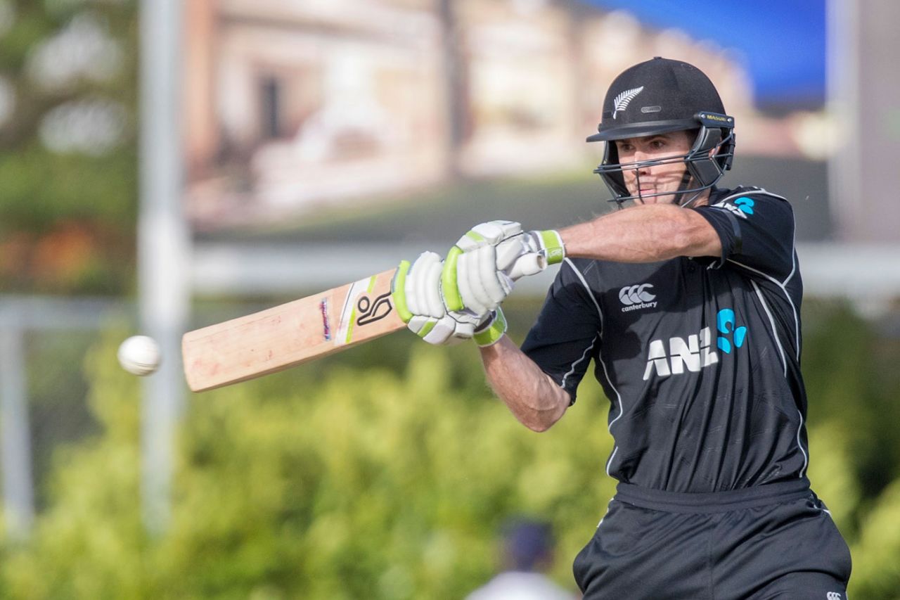 Todd Astle flays one through the off side, New Zealand v West Indies, 1st ODI, Whangarei, December 20, 2017 