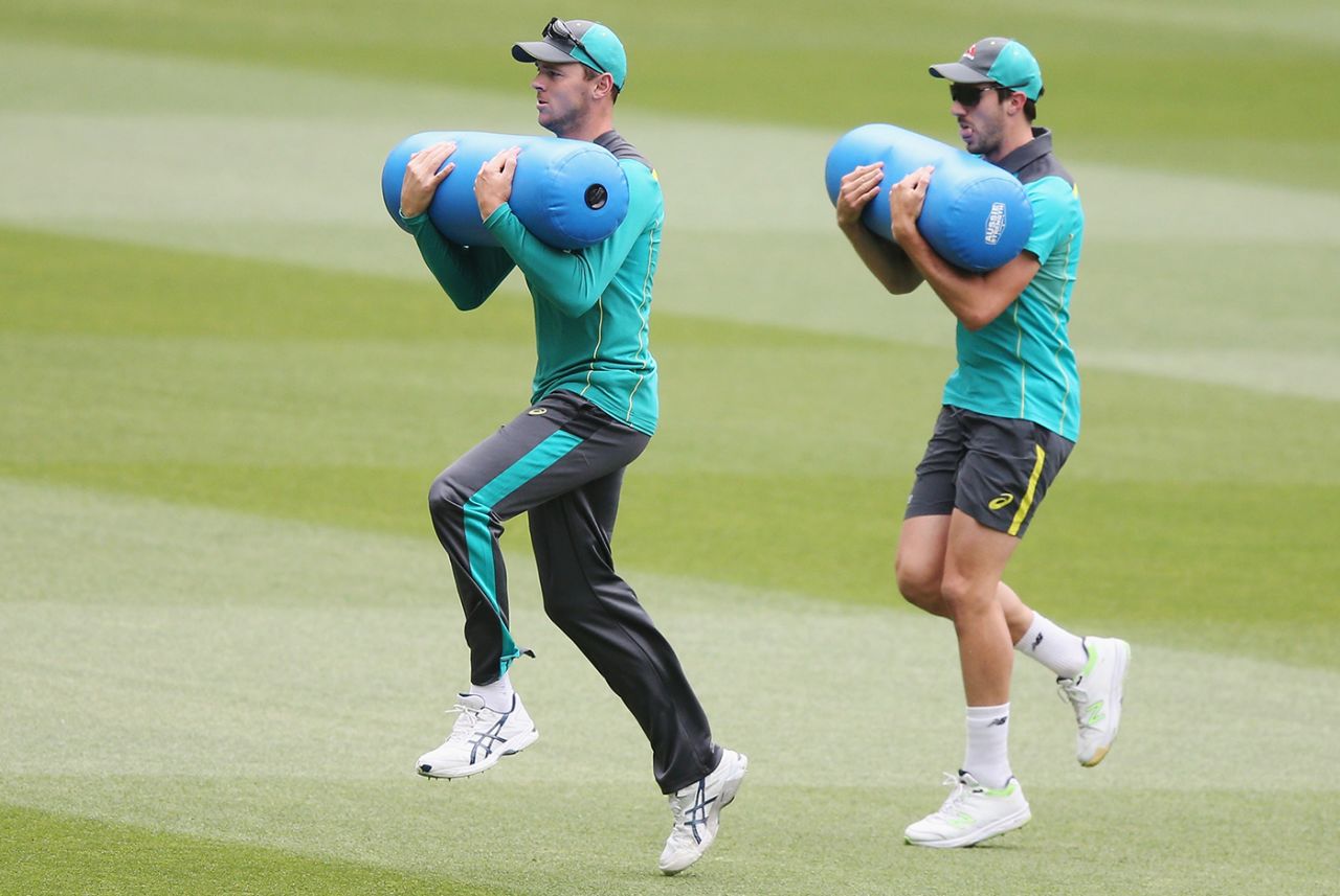 Josh Hazlewood and Pat Cummins at a training drill, The Ashes 2017-18, Melbourne, December 24, 2017