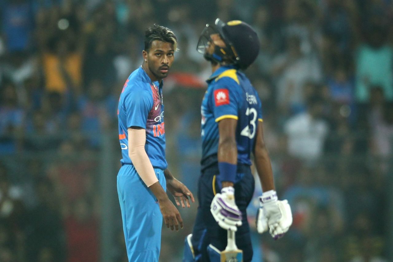 Hardik Pandya glares at Sadeera Samarawickrama after his dismissal, India v Sri Lanka, 3rd T20I, Mumbai, December 24, 2017
