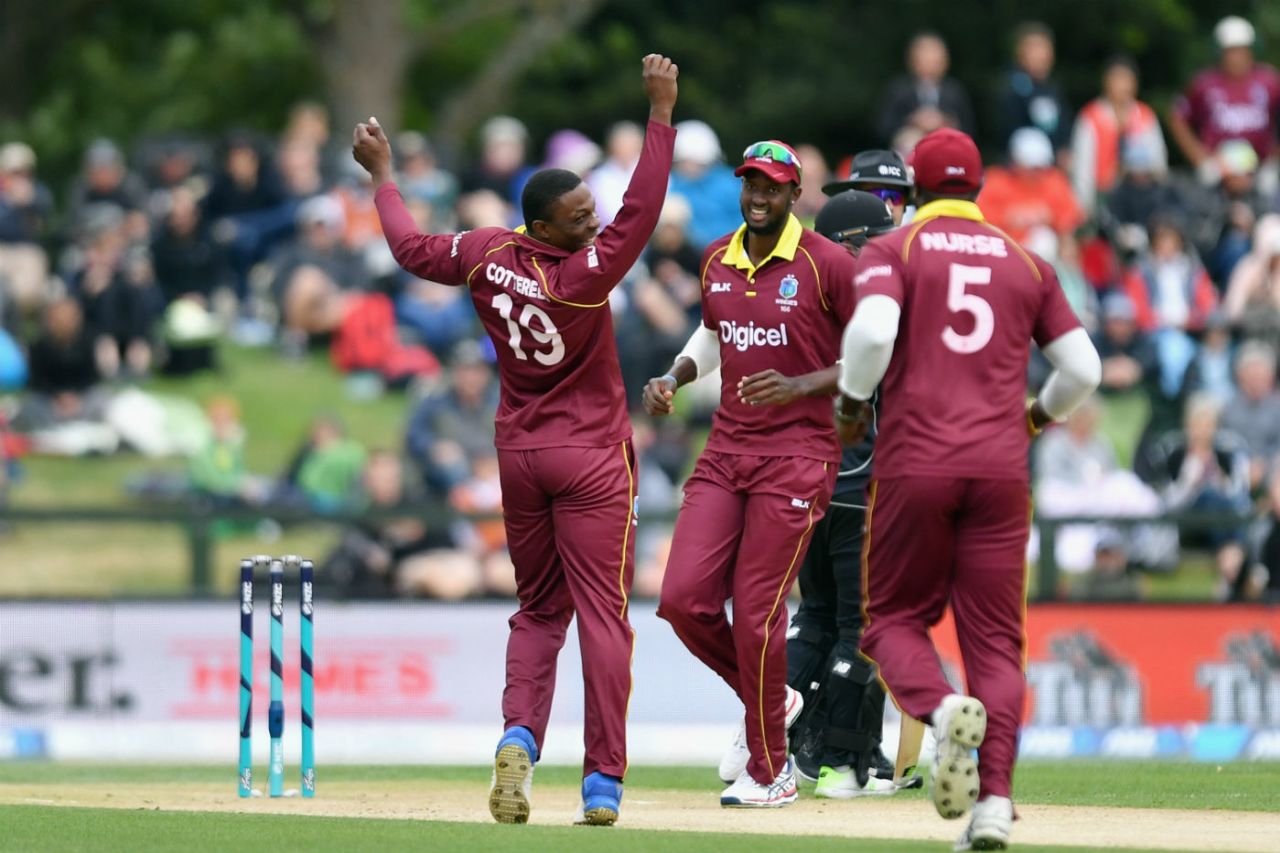 Sheldon Cottrell celebrates the dismissal of Colin Munro, New Zealand v West Indies, 3rd ODI, Christchurch, December 26, 2017