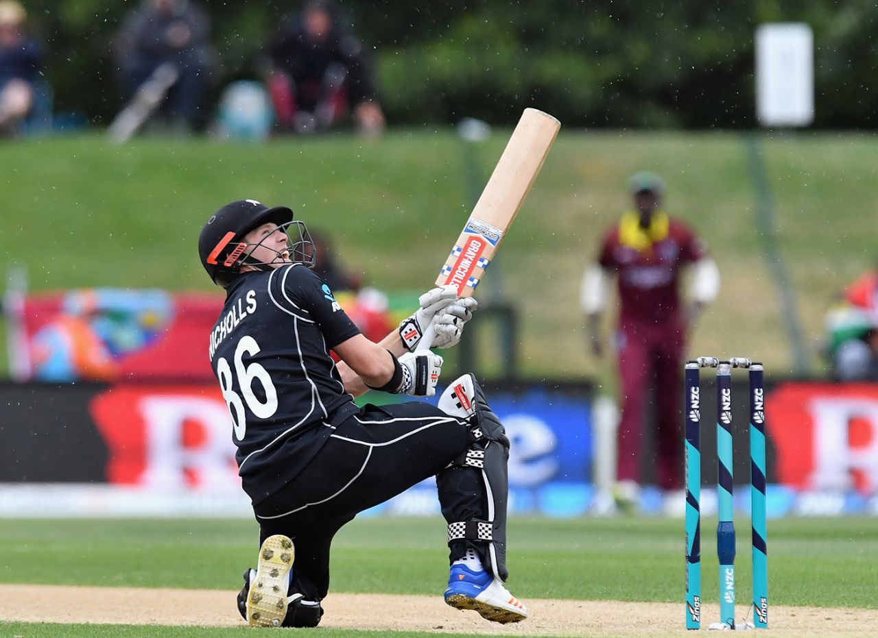 Henry Nicholls watches his scoop shot sail towards the boundary, New Zealand v West Indies, 3rd ODI, Christchurch, December 26, 2017