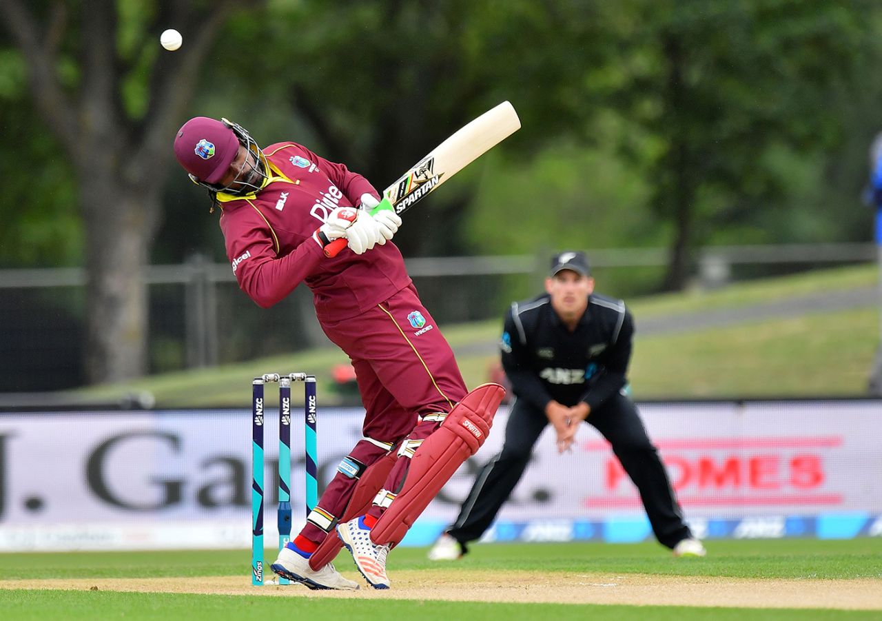 Chris Gayle swerves out of the way of a Matt Henry delivery, New Zealand v West Indies, 3rd ODI, Christchurch, December 26, 2017