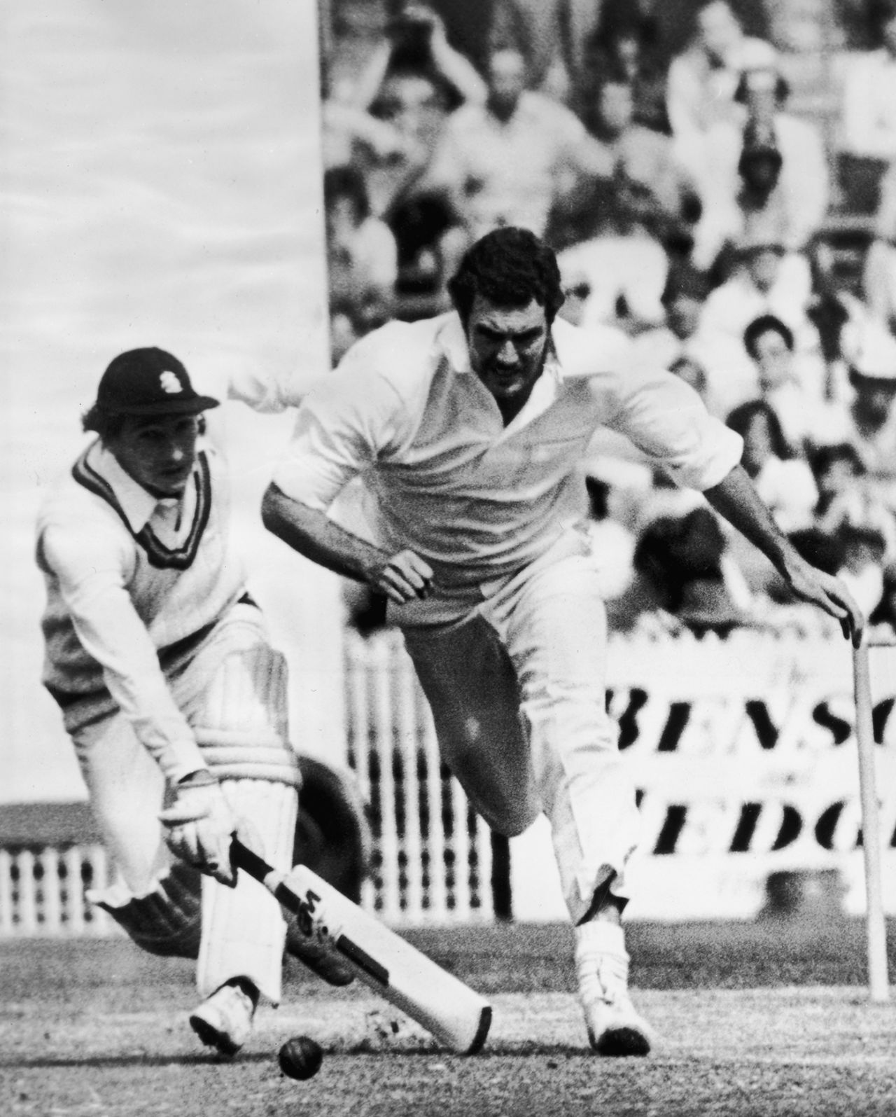 Greg Chappell rushes towards the ball past Derek Randall, Australia v England, Centenary Test, first day, Melbourne, March 1977