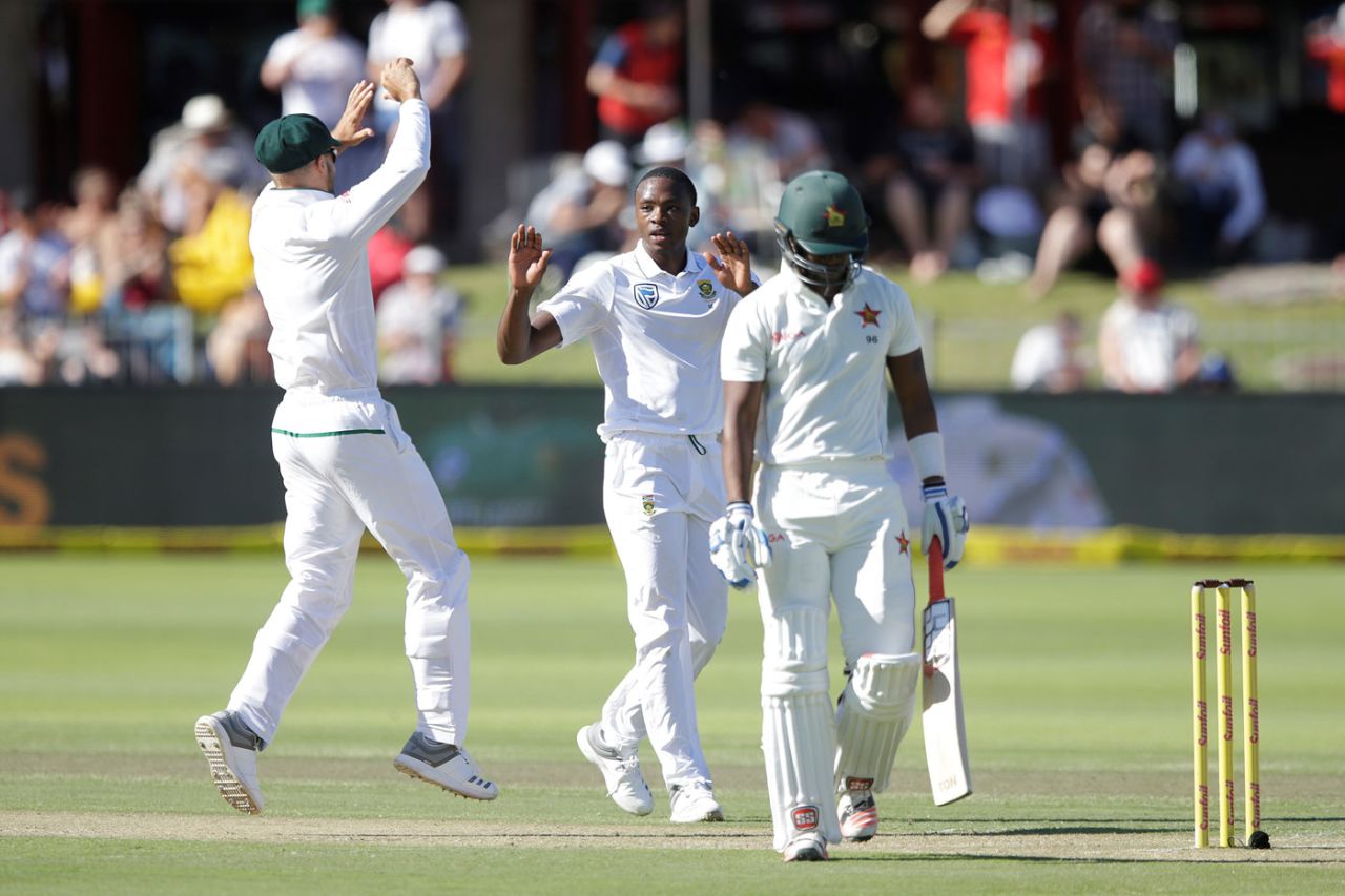 Kagiso Rabada celebrates the wicket of Chamu Chibhabha, South Africa v Zimbabwe, only Test, 2nd day, Port Elizabeth, December 27, 2017