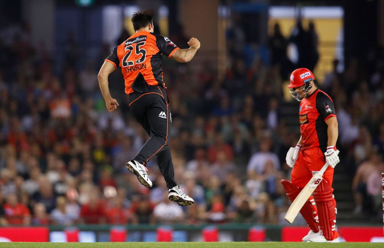 Mitchell Johnson takes to the air after taking a wicket, Melbourne Renegades v Perth Scorchers, Big Bash League 2017-18, Melbourne, December 29, 2017