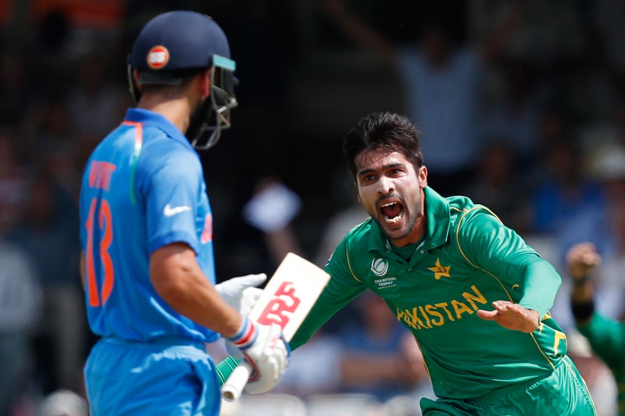 Delight and disappointment: Mohammad Amir dismissed Virat Kohli, India v Pakistan, Final, Champions Trophy 2017, The Oval, London, June 18, 2017