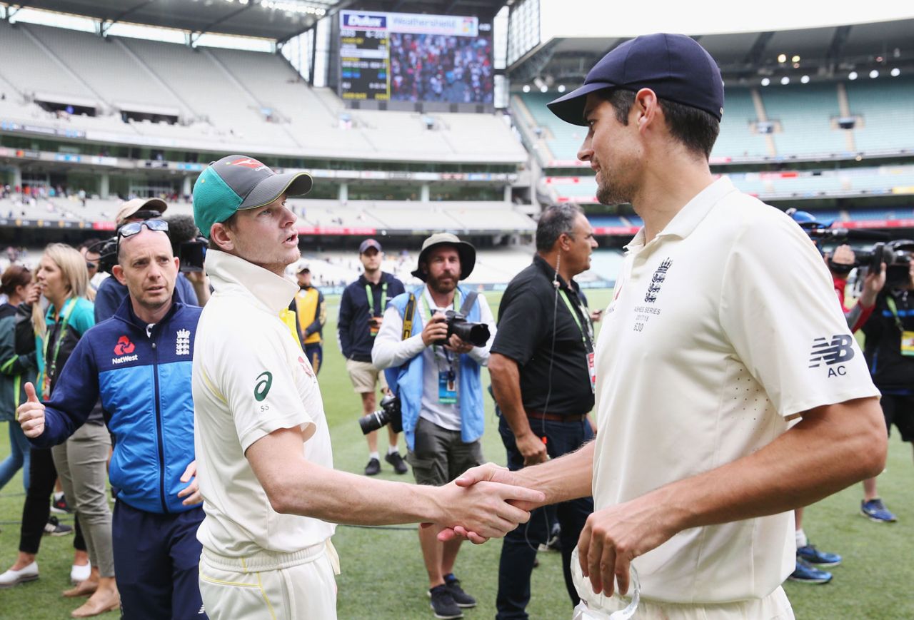Centurions Steven Smith and Alastair Cook shake hands, Australia v England, 4th Test, Melbourne, 5th day, December 30, 2017
