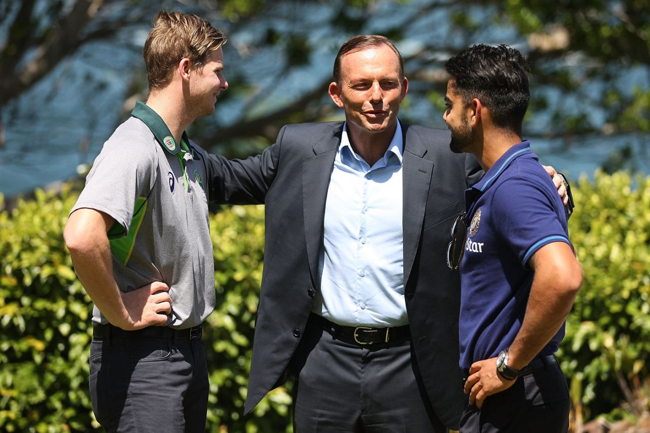 Steven Smith and Virat Kohli with the Australian prime minister Tony Abbott during a visit to Kirribilli House, Sydney, January 1, 2015