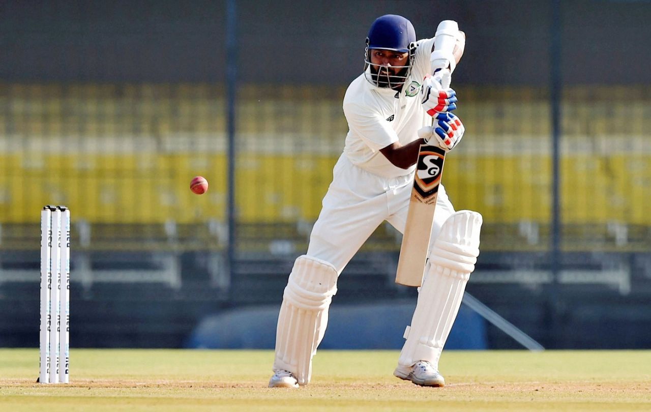 Wasim Jaffer opens his bat face to play square on the off side, Vidarbha v Delhi, Ranji Trophy 2017-18 final, Indore, 3rd day, December 31, 2017
