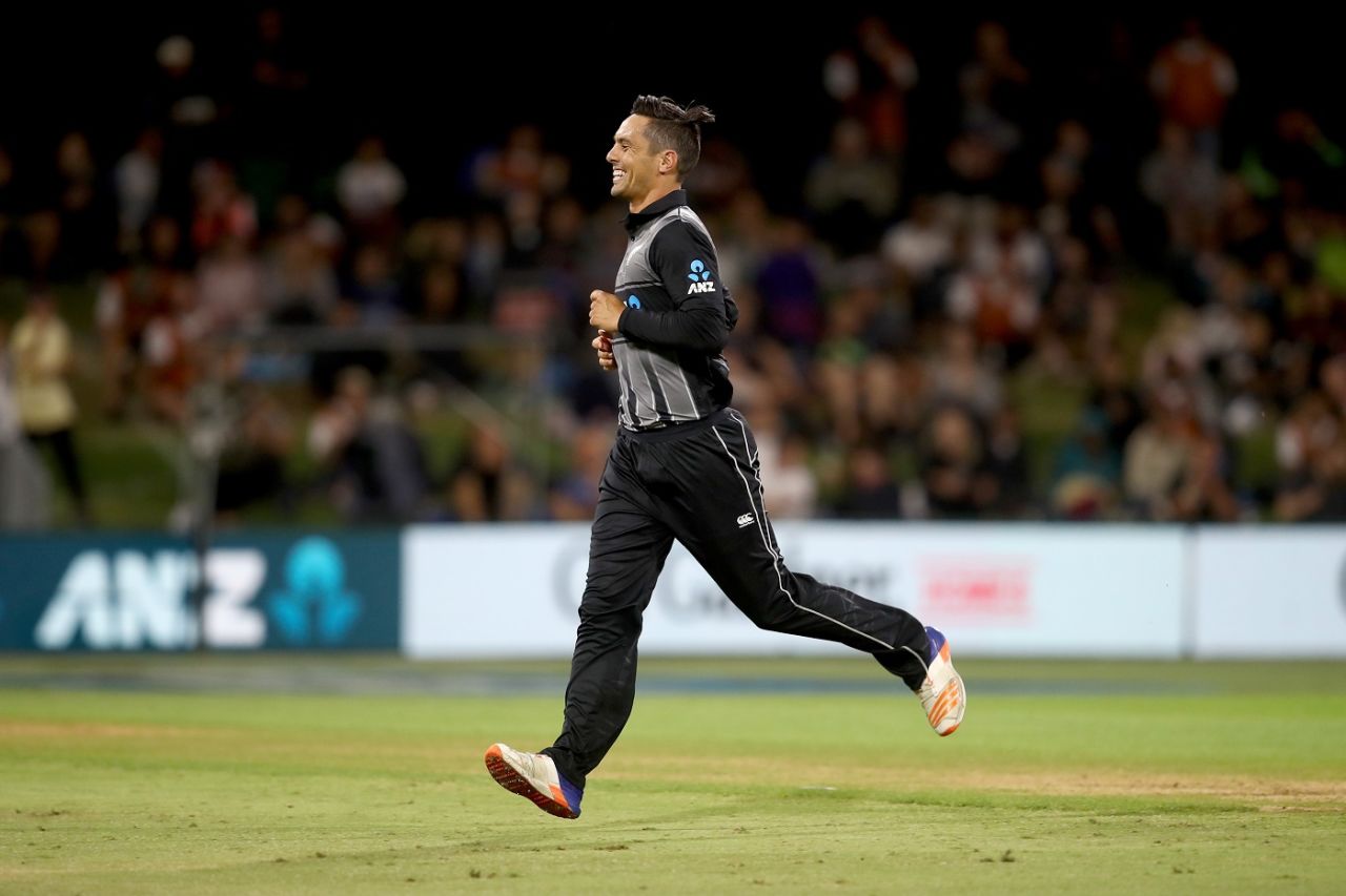 Anaru Kitchen wheels away after dismissing Rovman Powell, New Zealand v West Indies, 3rd T20I, Mount Maunganui
