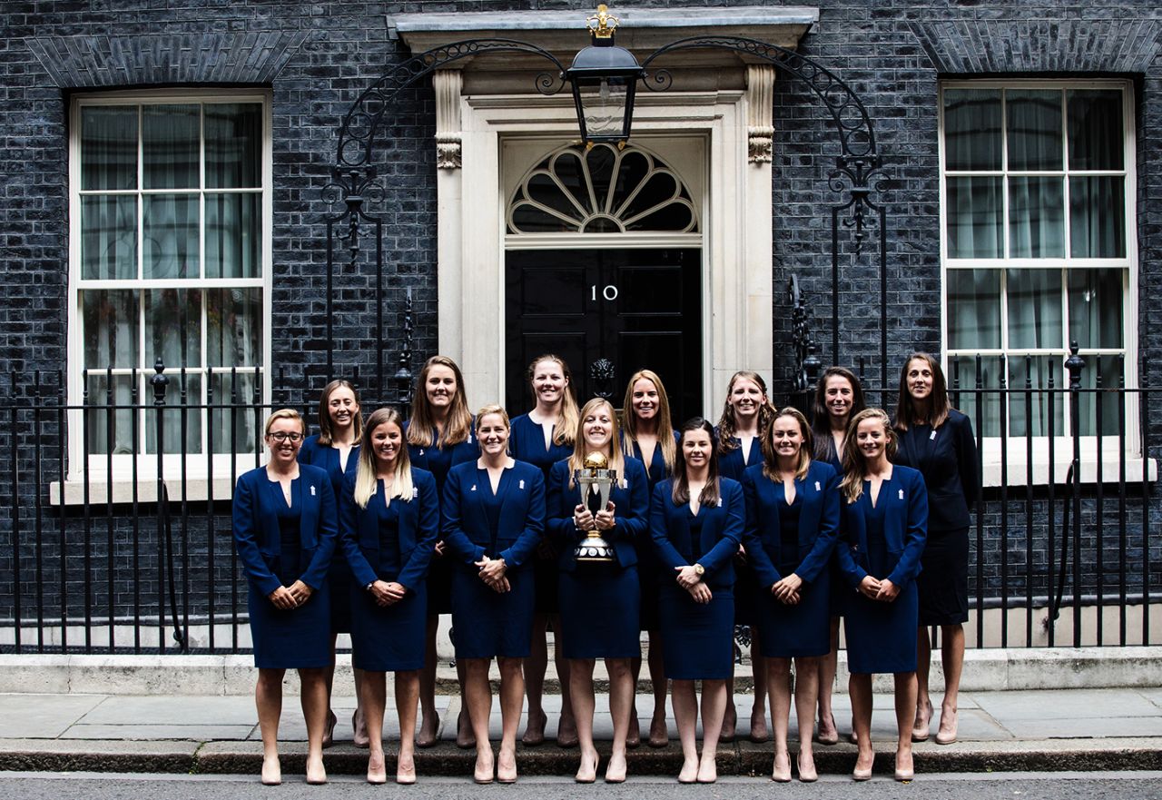 England pose with the World Cup trophy outside 10 Downing Street, London, August 29, 2017