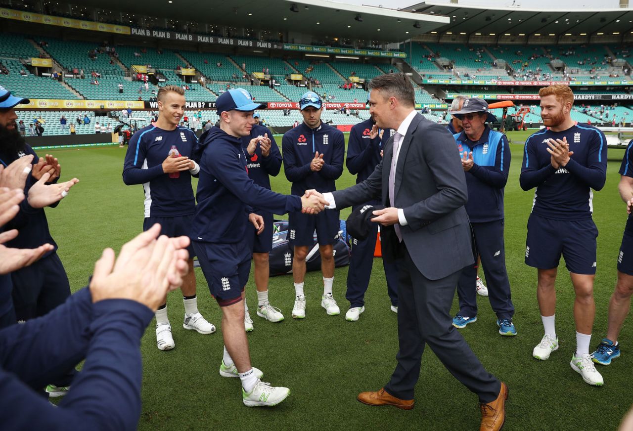 Mason Crane receives his England cap from Graeme Swann, Australia v England, 5th Ashes Test, Sydney, 1st day, January 4, 2018