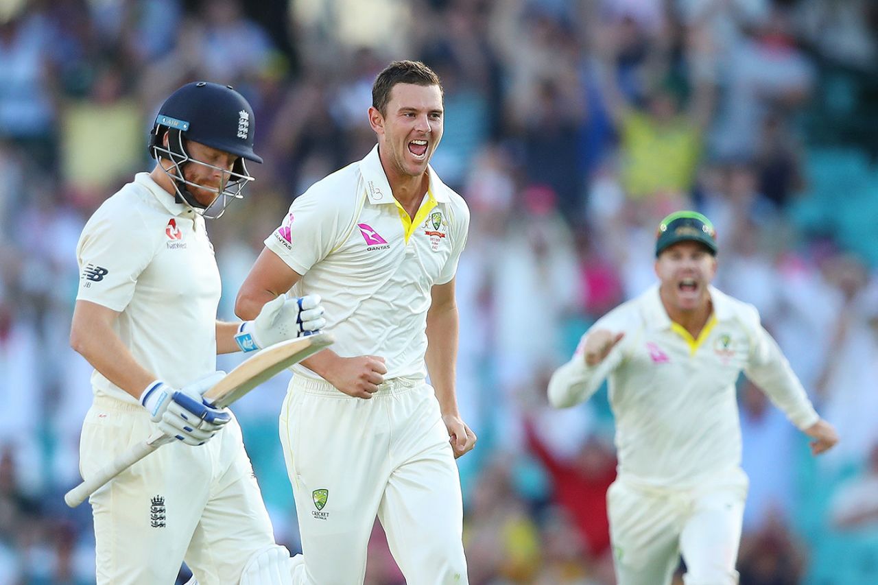 Josh Hazlewood removed Jonny Bairstow with the final ball of the day, Australia v England, 5th Ashes Test, Sydney, 1st day, January 4, 2018