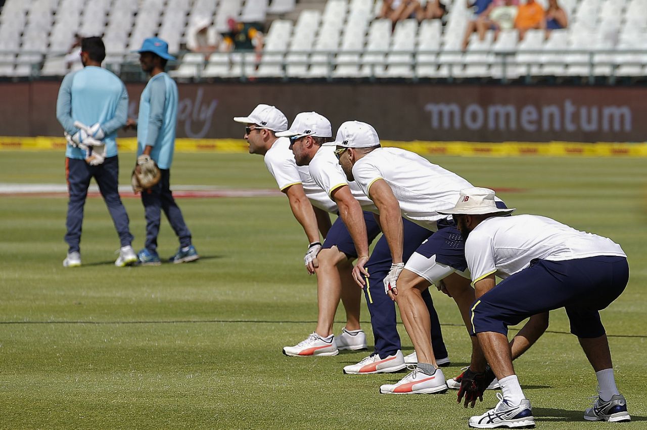 Dean Elgar, Faf du Plessis, AB de Villiers and Hashim Amla practice before the start of play, South Africa v India, 1st Test, Cape Town, 1st day, January 5, 2017