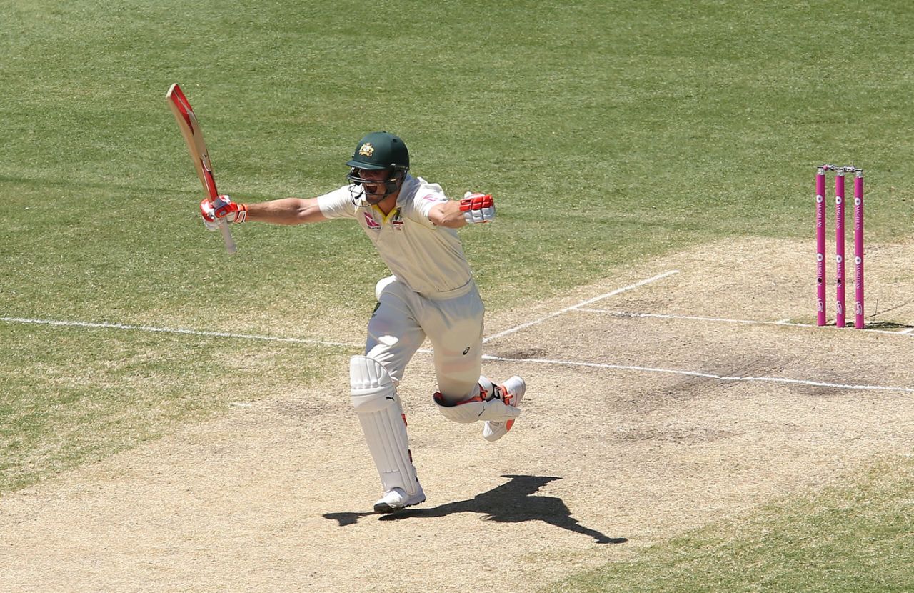Mitchell Marsh spreads his arms in delight on reaching his hundred, Australia v England, 5th Test, Sydney, 4th day, January 7, 2018
