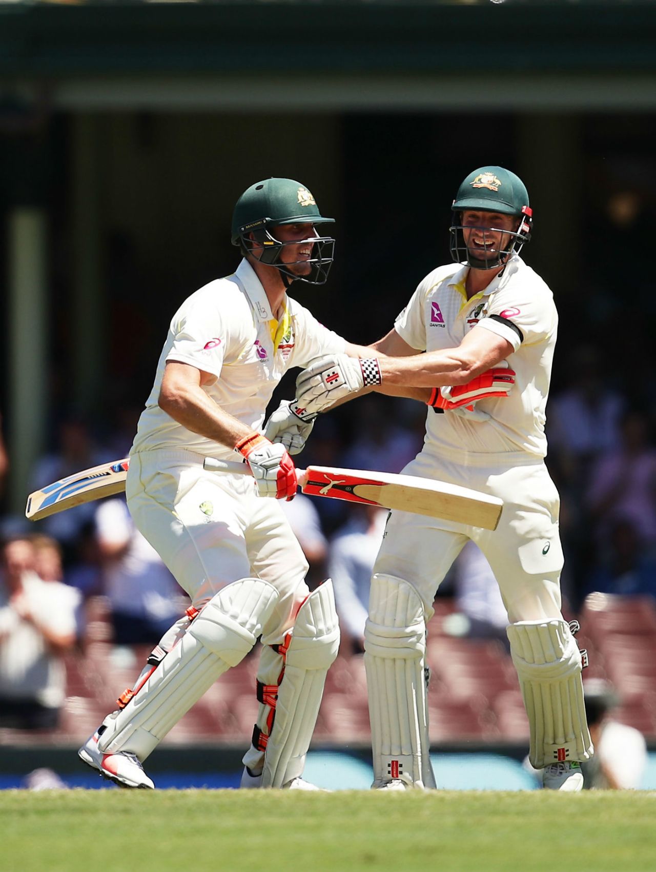 The Marsh brothers get in a tangle while celebrating Mitchell's century, Australia v England, 5th Test, Sydney, 4th day, January 7, 2018