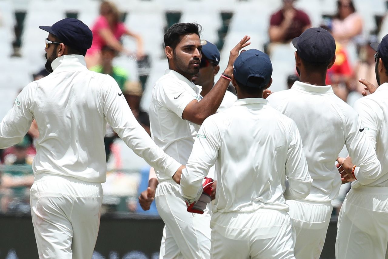 Bhuvneshwar Kumar celebrates a wicket, South Africa v India, 1st Test, Cape Town, 4th day, January 8, 2018
