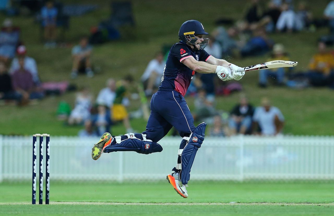 Eoin Morgan leaps into a stroke, Cricket Australia XI v England, Tour match, Sydney, January 11, 2017