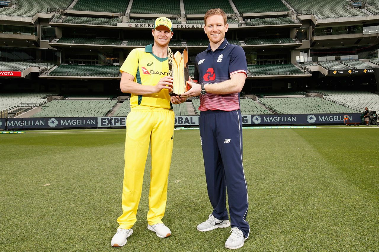 Steven Smith and Eoin Morgan pose with the ODI series trophy, Melbourne, January 13, 2018
