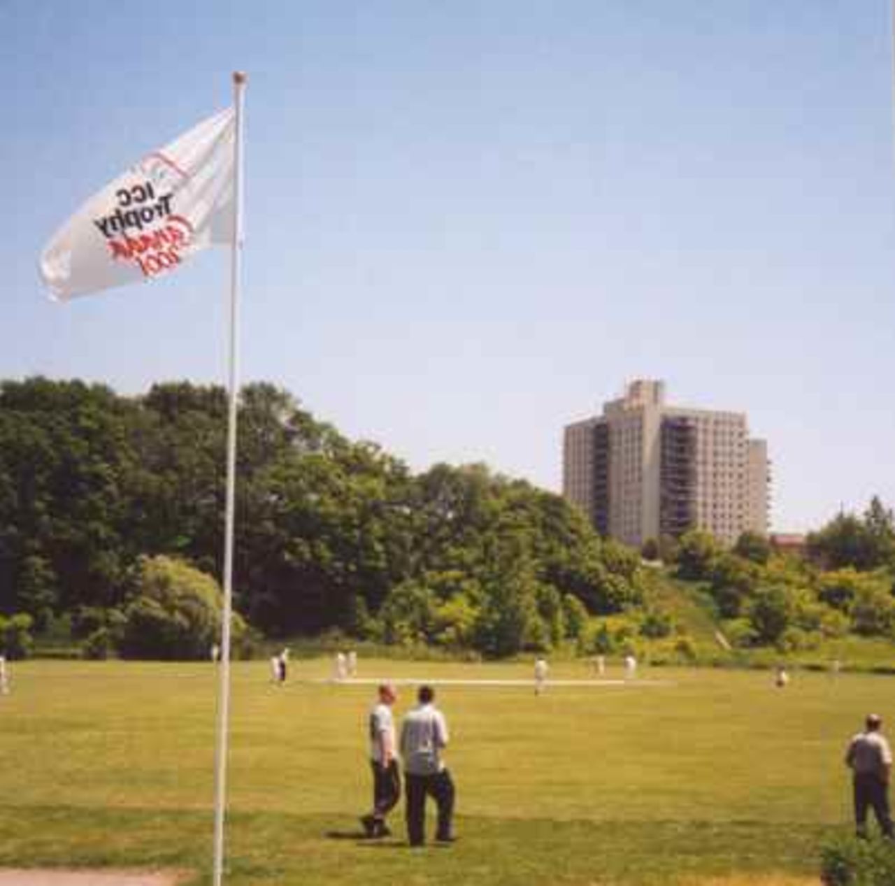 Eglinton Flats east ground, Toronto, venue for ICC Trophy 2001 matches. Warm-up game between Germany and Fiji in progress